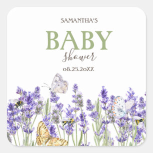 Lavander Butterflies Botanical Baby Shower Quadratischer Aufkleber