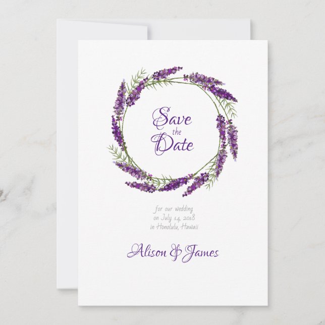 Lavander Kranzhochzeit speichern das Datum Save The Date (Vorderseite)