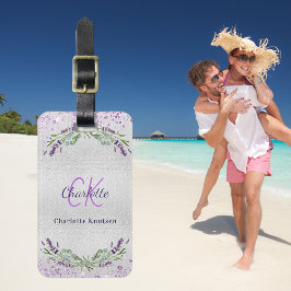 Lavder violett silber Blume Monogramm Name Gepäckanhänger