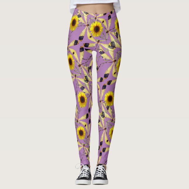 Lavendel Abstrakt Sonnenblume Dragenfly Leggings (Vorderseite)
