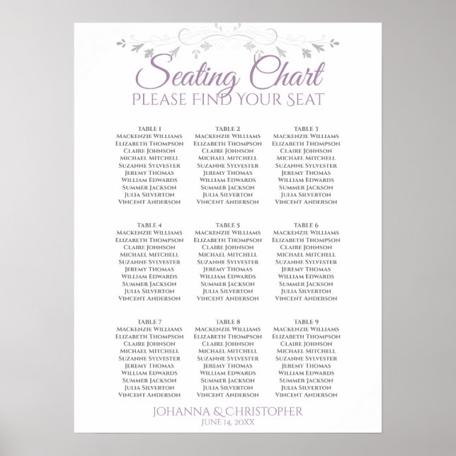 Lavendel auf weißem 9-Tisch-Hochzeitstabelle Poster (Vorne)