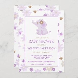 Lavendel Baby Elephant Floral Baby Dusche  Einladung