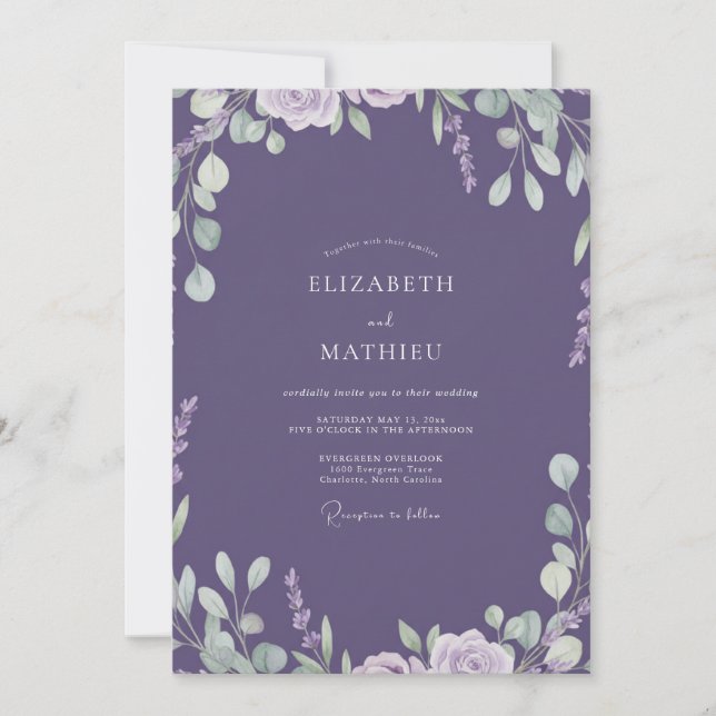 Lavendel bemalte Blätter Hochzeit Einladung (Vorderseite)