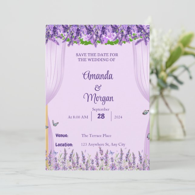 Lavendel Bliss Save the Date individuell anpassbar (Stehend Vorderseite)