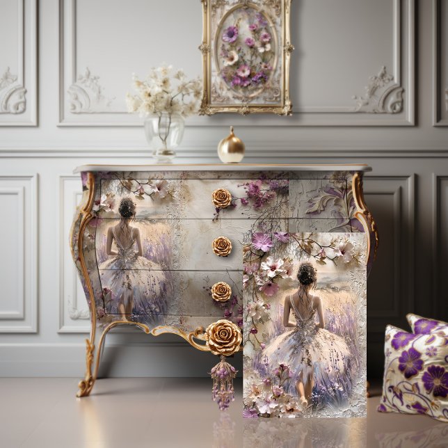 Lavendel Blooms, Ballerinas Rücken, Fantasie Seidenpapier (Lavender Blooms, Ballerina and Floral, Romantic, Shabby Chic, Furniture Decoupage Tissue Paper.)