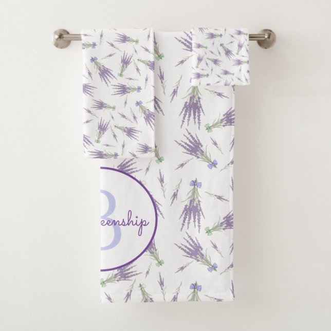 Lavendel Blume Muster Lila Bow Monogram Badhandtuch Set (Insitu)