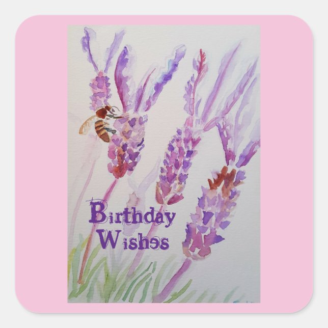 Lavendel Blume und Bienenwasser Geburtstag Quadratischer Aufkleber (Vorderseite)