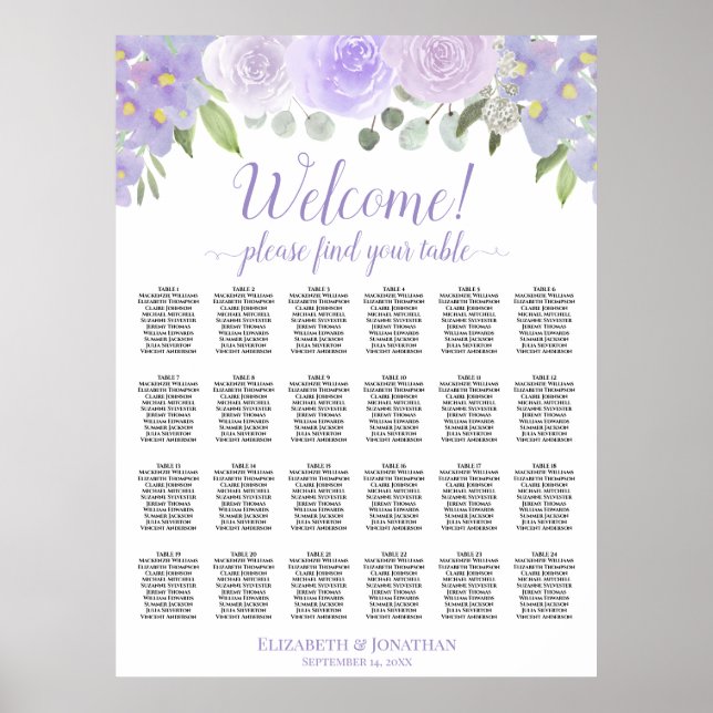 Lavendel-Blumen-24-Tisch-Hochzeits-Sitzplan Poster (Vorne)