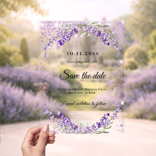 Lavendel-Blumen-Hochzeit Save the Date Karte Acryleinladungen