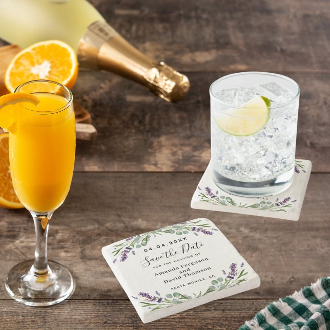 Lavendel Blumen Hochzeit speichern das Datum Steinuntersetzer (Von Creator hochgeladen)