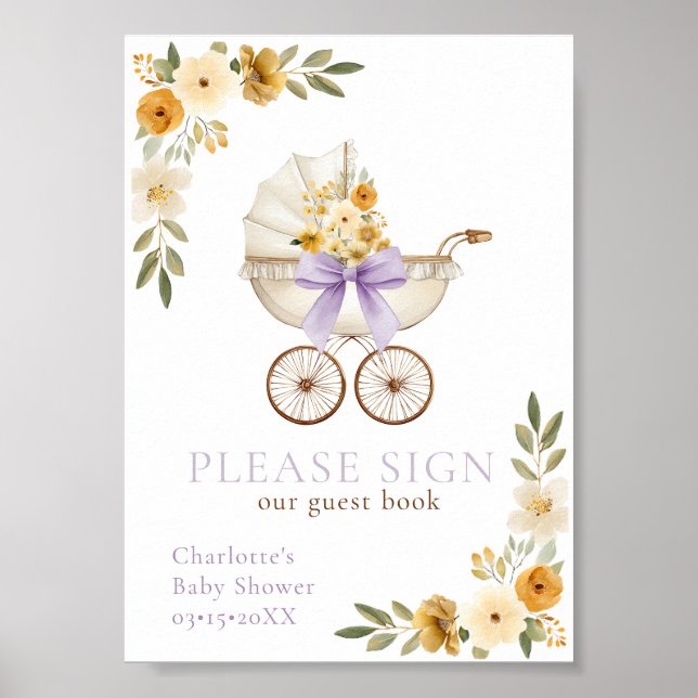 Lavendel-Blumen-Kinderwagen-Gästebuch-Schild Poster (Vorne)