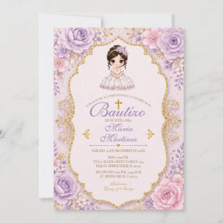 Lavendel-Blumen-Mädchen-Bautizo-Einladung mit Gold Einladung
