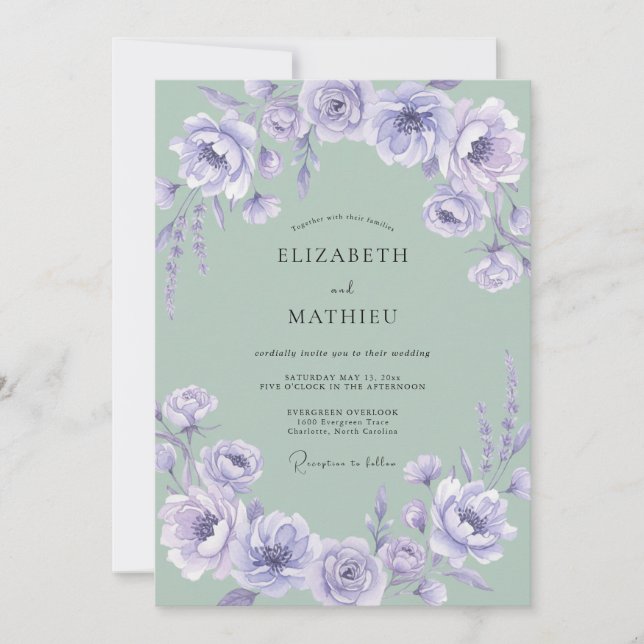 Lavendel-Blumen-Wald-Hochzeit Einladung (Vorderseite)