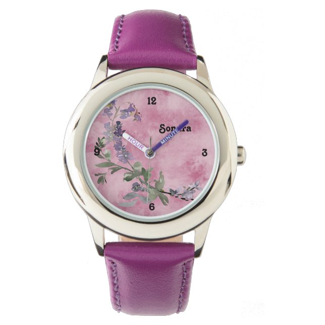 Lavendel-Blumendesign auf einer Lavenderuhr Armbanduhr (Vorderseite)