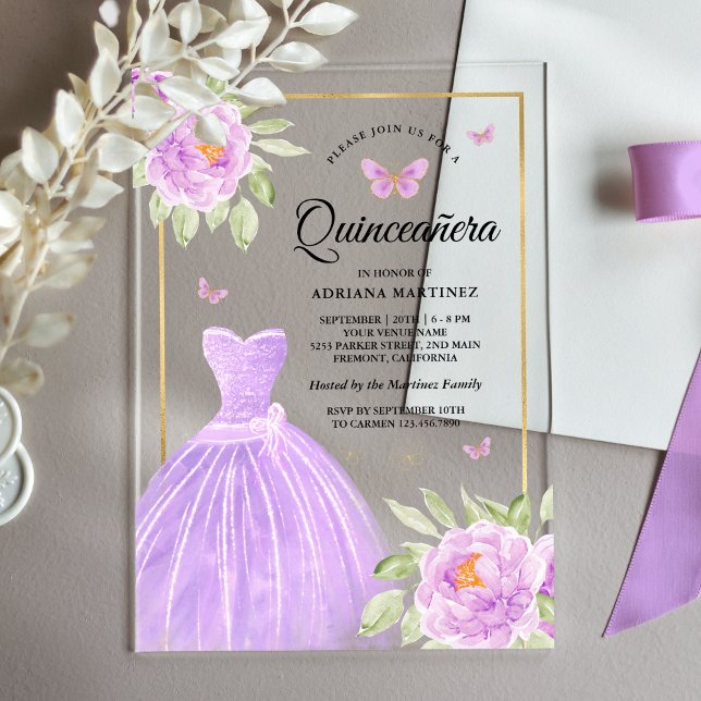 Lavendel Blumenkleid Butterfly Gold Quinceanera Acryleinladungen (Von Creator hochgeladen)