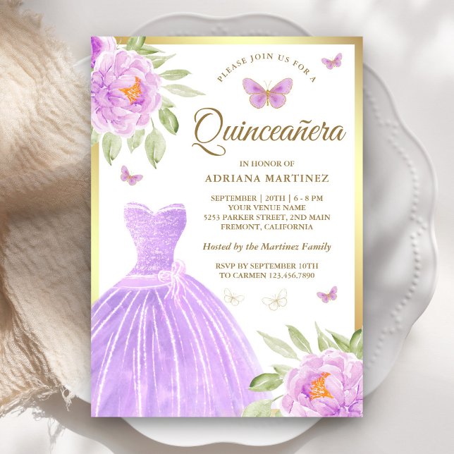 Lavendel Blumenkleid Butterfly Gold Quinceanera Einladung (Von Creator hochgeladen)