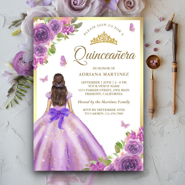 Lavendel Blumenkleid Butterfly Gold Quinceanera Einladung (Von Creator hochgeladen)