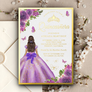 Lavendel Blumenkleid Schmetterling Quinceanera Gol Folieneinladung