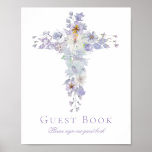 Lavendel-Blumenkreuz-Taufgästebuch-Schild Poster