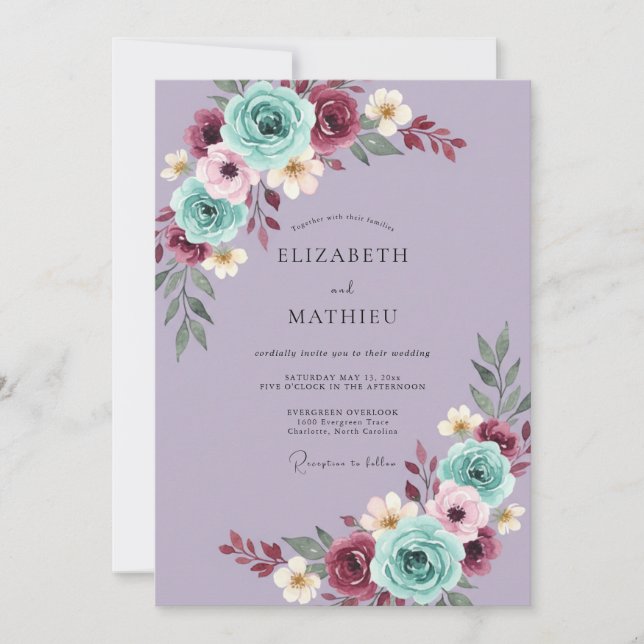 Lavendel-Blumenkunst Hochzeit Einladung (Vorderseite)