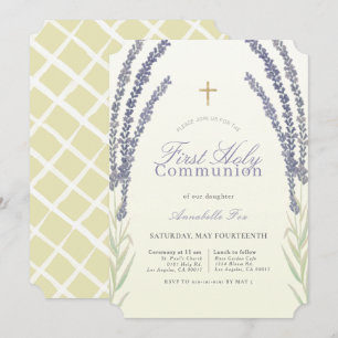 Lavendel-Blumesprigs-Gelb-erste heilige Kommunion Einladung