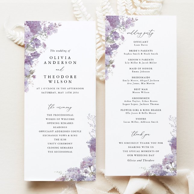 Lavendel Blumige Elegante Hochzeitszeremonie-Progr Programm (Lavender floral wedding ceremony program, watercolor lilac purple elegant wedding program stationery)