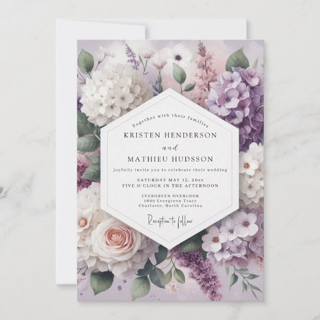 Lavendel-Blütenromanze-Hochzeit Einladung (Vorderseite)
