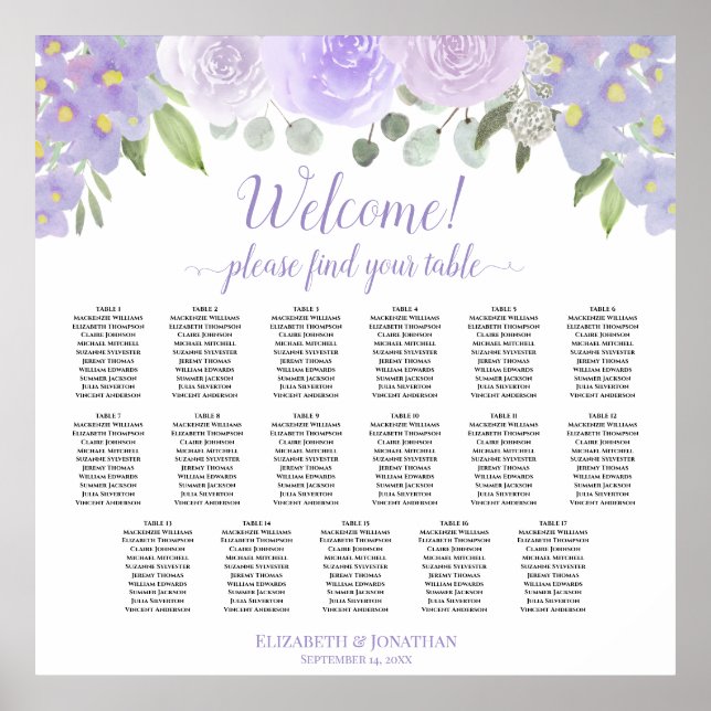 Lavendel Boho Rose 17 Tabelle Hochzeitstabelle Poster (Vorne)