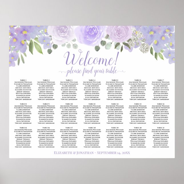 Lavendel Boho Rose 21 Tabelle Hochzeitstabelle Poster (Vorne)