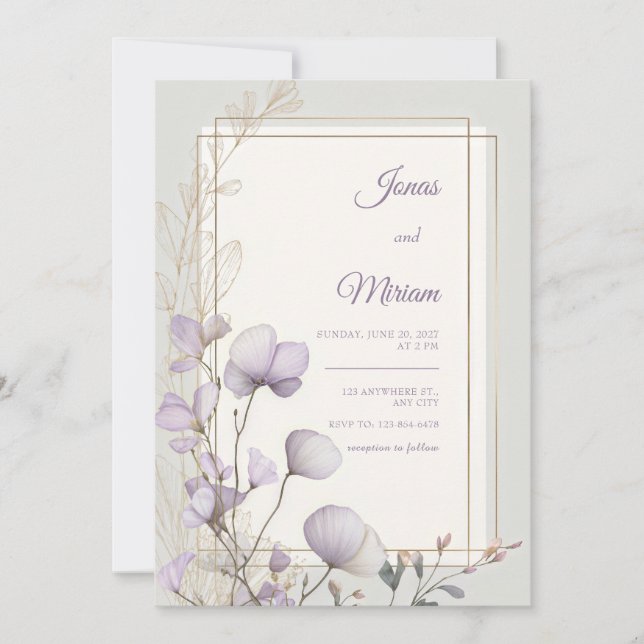 Lavendel Botanical Doppel-Goldrahmen-Hochzeit Einladung (Vorderseite)