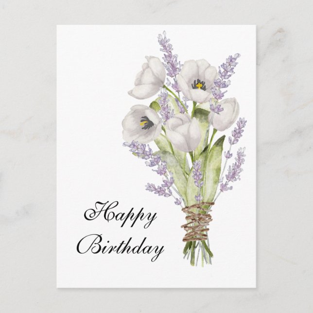 Lavendel-Bouquet mit weißen Tulpen Geburtstag Postkarte (Vorderseite)