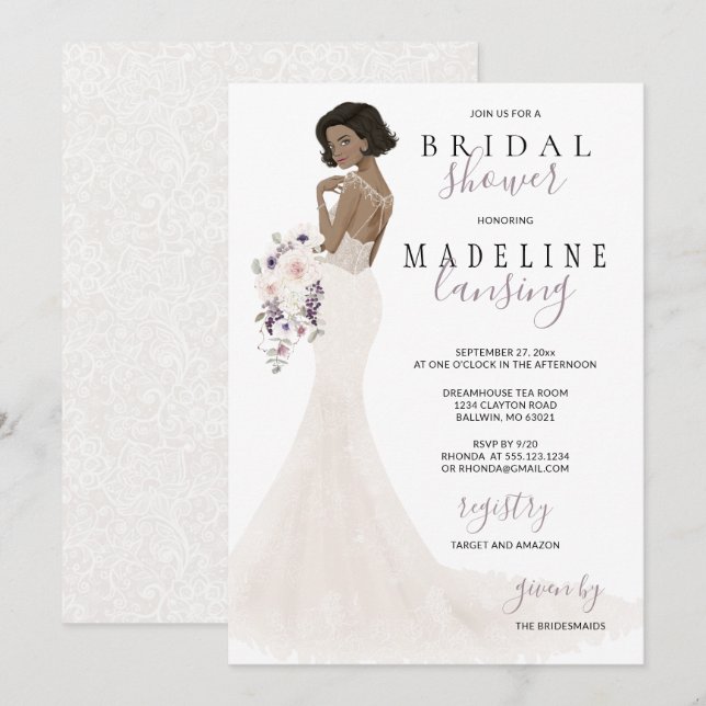 Lavendel Bride in Lace Gown Brautparty Einladung (Vorne/Hinten)