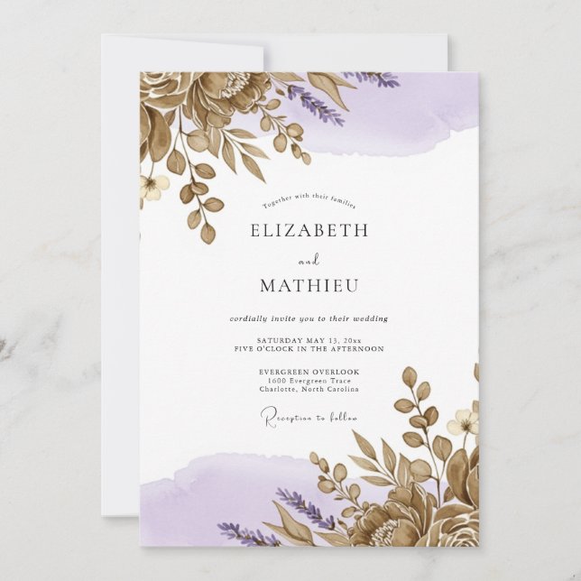 Lavendel-Bronze-Rustikal-Hochzeit Einladung (Vorderseite)