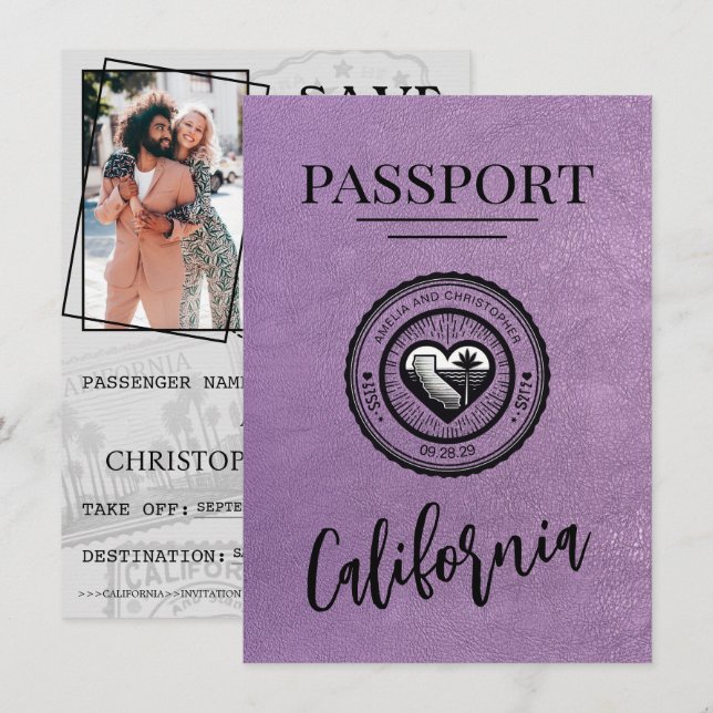 Lavendel California Passport Save the Date (Vorne/Hinten)