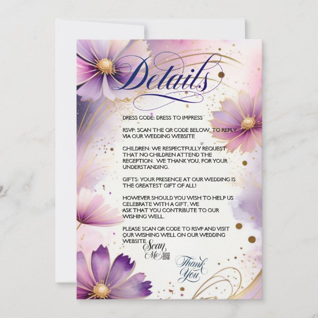 Lavendel Cosmos Blume QR Code Detailkarte Einladung (Vorderseite)