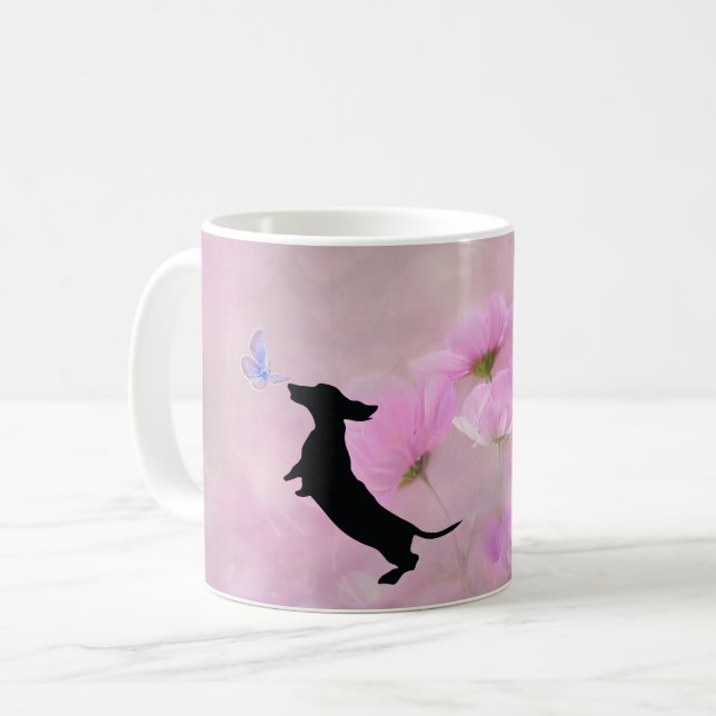 Lavendel Dackel Silhouette Tasse (Vorderseite Links)
