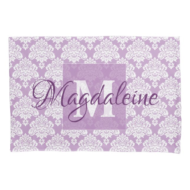 Lavendel Damask Kissen mit Monogramm und Name Kissenbezug (Vorderseite)