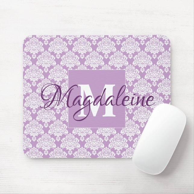 Lavendel Damask Maus-Pad mit Monogramm und Name Mousepad (Mit Mouse)