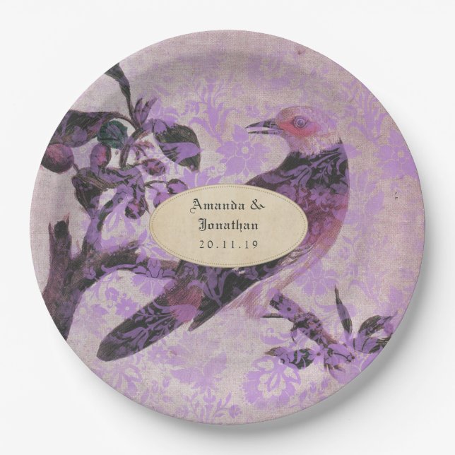 Lavendel-Damask-Vogel-Hochzeit Pappteller (Vorderseite)
