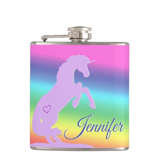 Lavendel Einhorn-Silhouette (Regenbogen/personalis Flachmann (Vorderseite)