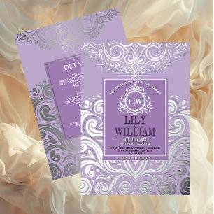 Lavendel Elegante Artdeco Diamant Monogramm Hochze Folieneinladung