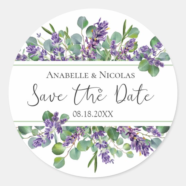 Lavendel-Eukalyptus-Save-the-Date-Aufkleber Runder Aufkleber (Vorderseite)