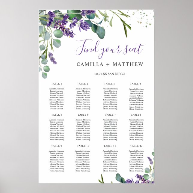 Lavendel Eukalyptus Wedding Chart Poster (Vorne)