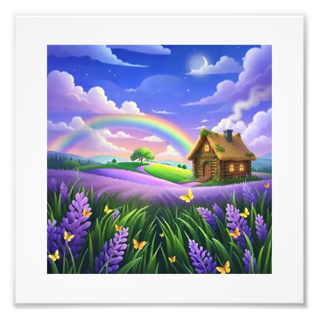 Lavendel-Feld-Regenbogen-Häuschen-Traum Fotodruck (Vorne)