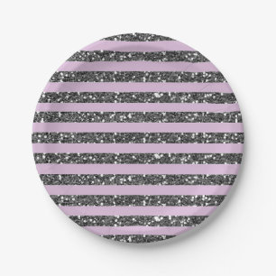 Lavendel Flieder Lila Silber Glitter Streifen Part Pappteller