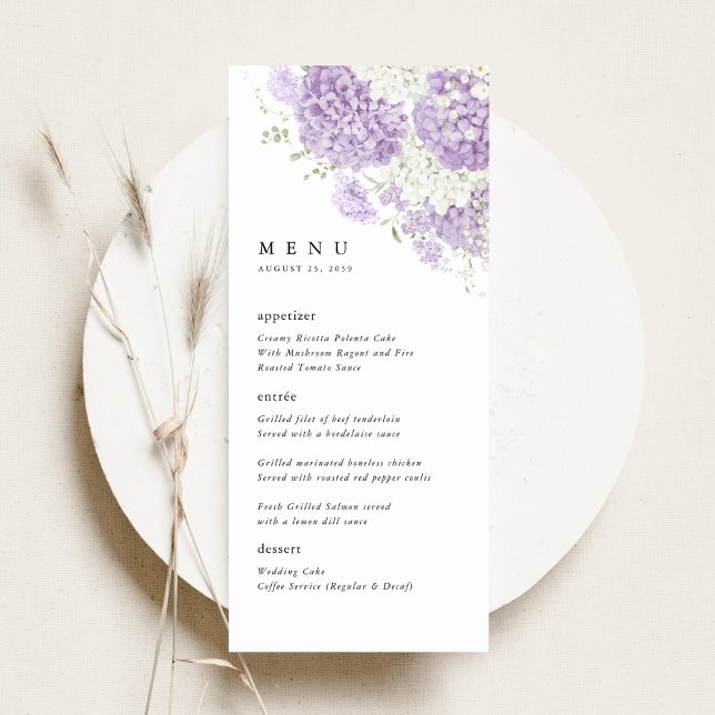 Lavendel Flieder Weiß Florale Hochzeitsfeier Menükarte (Lavender lilac white hydrangea wedding menu, romantic watercolor floral reception table dinner menu)