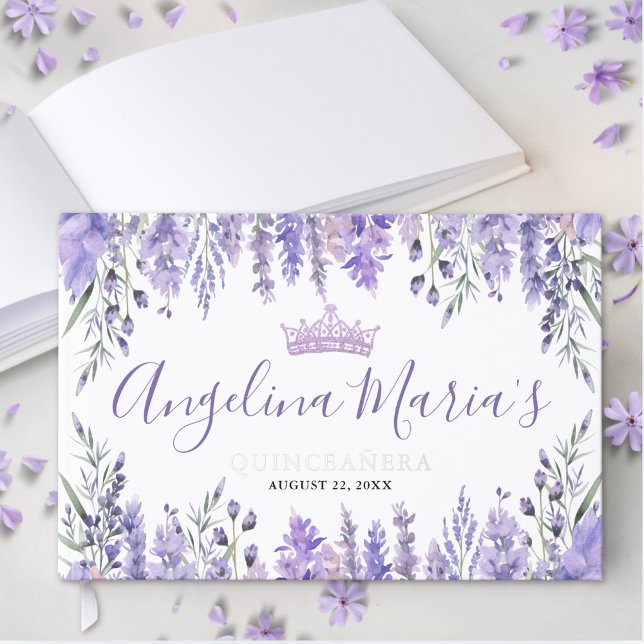 Lavendel Floral Lila Quinceanera Gästebuch (Lavender Floral Purple Quinceanera Foil Guest Book)
