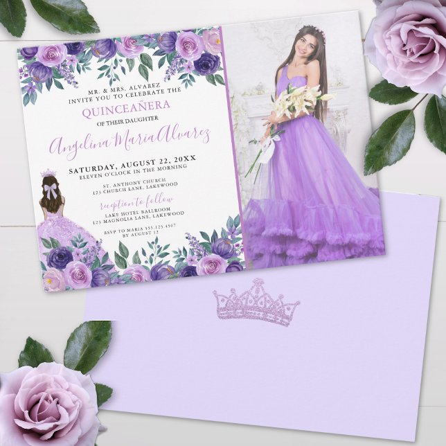 Lavendel Foto Floral Lila Quinceanera Einladung (Lavender Photo Floral Purple Quinceanera Invitation )