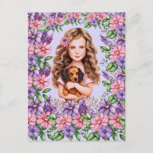 Lavendel Girl mit Dackel Puppy Postkarte