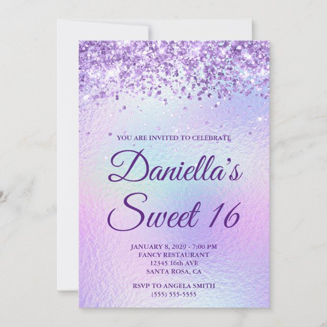 Lavendel Glitzer Iridescent Foil Sweet 16 Einladung (Vorderseite)